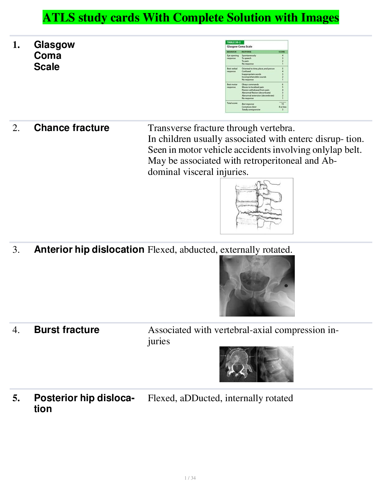 Preview image for ATLS study cards With Complete Solution with Images